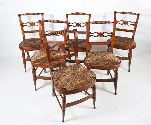 Set of Six American Federal Tiger Maple Rush Seat Side Chairs, circa 1810