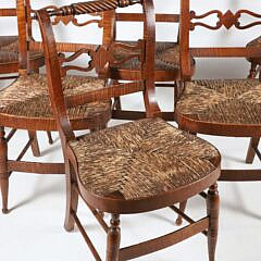 Set of Six American Federal Tiger Maple Rush Seat Side Chairs, circa 1810