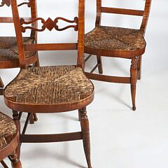 Set of Six American Federal Tiger Maple Rush Seat Side Chairs, circa 1810