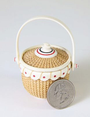 Nap Plank Miniature Covered Round Swing Handle Basket with Red Wax Inlays