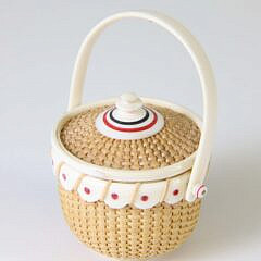 Nap Plank Miniature Covered Round Swing Handle Basket with Red and Blue Wax Inlays