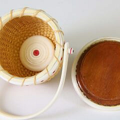 Nap Plank Miniature Covered Round Swing Handle Basket with Red and Blue Wax Inlays