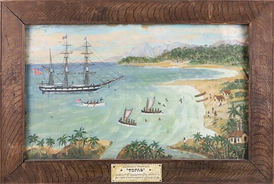 Tempera on Board "Nantucket Whaleship Topaz Anchored off Kealakekua Bay, Sandwich Island"