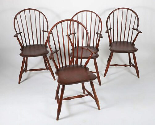 Set of Four American Windsor Elbow Chairs, early 19th Century