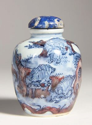 Underglaze Blue & Copper Red Porcelain "Elephants" Snuff Bottle, Qing Dynasty