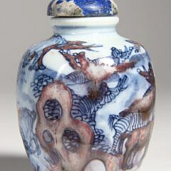 Underglaze Blue & Copper Red Porcelain “Elephants” Snuff Bottle, Qing Dynasty