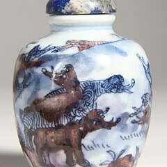 Underglaze Blue & Copper Red Porcelain “Elephants” Snuff Bottle, Qing Dynasty