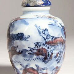 Underglaze Blue & Copper Red Porcelain “Elephants” Snuff Bottle, Qing Dynasty