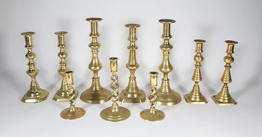 Collection of Ten Assorted 19th Century Brass Candlesticks