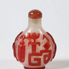 Chinese Red-Overlay Glass "Lucky Antiques" Snuff Bottle, Qing Dynasty