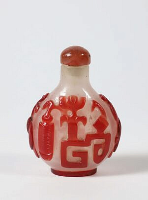Chinese Red-Overlay Glass "Lucky Antiques" Snuff Bottle, Qing Dynasty