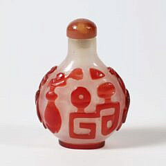 Chinese Red-Overlay Glass “Lucky Antiques” Snuff Bottle, Qing Dynasty