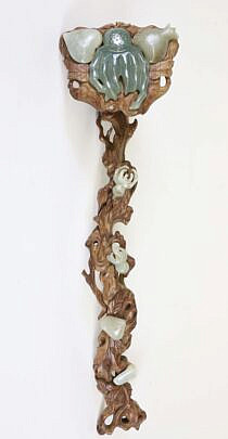 Chinese Carved Jade Mounted Wood Ruyi Scepter Late 19th Century