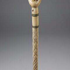 Whaleman Made Clenched Fist and Whale Bone Hatch Carved Shaft Walking Stick 19th Century