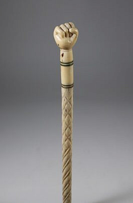 Whaleman Made Clenched Fist and Whale Bone Hatch Carved Shaft Walking Stick 19th Century