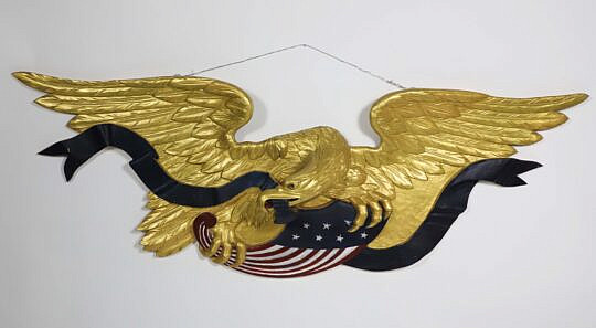 Carved and Gilt Eagle Plaque Clutching American Federal Shield and Black Banner
