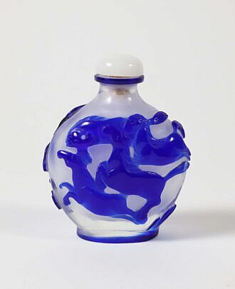 Chinese Blue Overlay Glass "Running Horses" Snuff Bottle, Qing Dynasty