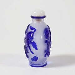 Chinese Blue Overlay Glass “Running Horses” Snuff Bottle, Qing Dynasty