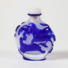 Chinese Blue Overlay Glass “Running Horses” Snuff Bottle, Qing Dynasty