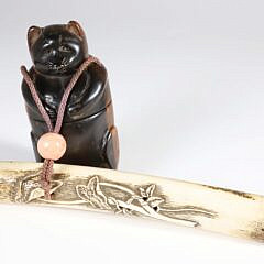 Japanese Opium Box and Pipe Sheath, Two Part Badger Form Wooden Box
