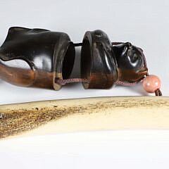 Japanese Opium Box and Pipe Sheath, Two Part Badger Form Wooden Box