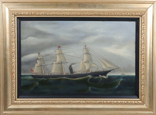 Vintage Oil Painting "British Steam-sail Ship" in Contemporary Gilt Frame