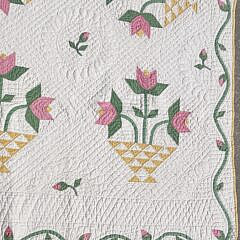 Vintage American Yellow Flower Basket with Blooming Tulips Patchwork Quilt, dated 1929