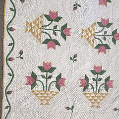 Vintage American Yellow Flower Basket with Blooming Tulips Patchwork Quilt, dated 1929