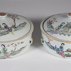 Pair of Famille Rose Dishes with Covers, Early 20th Century