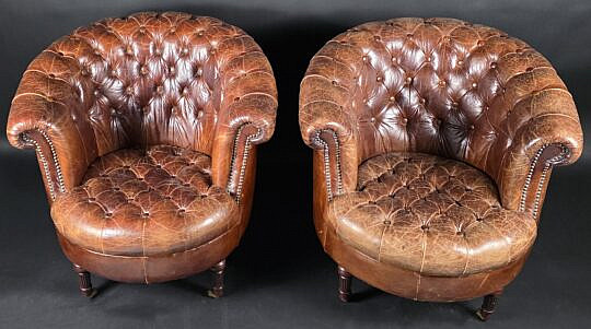 Pair of Vintage Tufted Leather Chesterfield Style Open Arm Lounge Club Chairs