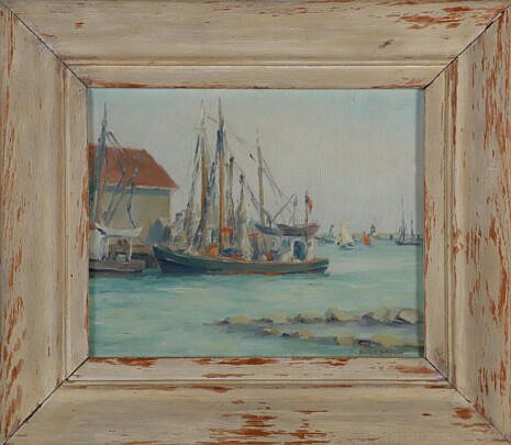 Emily Hoffmeier "Fishing Boats Nantucket" Oil on Artist Board, circa 1949