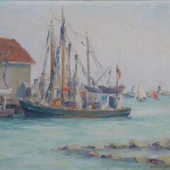 Emily Hoffmeier Oil on Artist Board “Fishing Boats Nantucket”, circa 1949