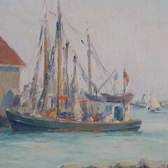 Emily Hoffmeier Oil on Artist Board “Fishing Boats Nantucket”, circa 1949