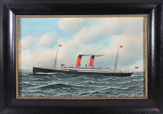 Antonio Jacobsen (1850-1921) Oil on Canvas "Portrait of the Stem-Sail Bernudian Flying Colors America Bound" 1905