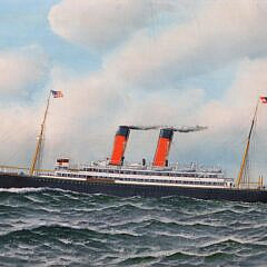 Antonio Jacobsen Oil on Canvas “Portrait of the Steam-Sailer Bernudian Flying Colors America Bound” 1905