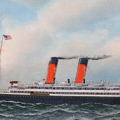 Antonio Jacobsen Oil on Canvas “Portrait of the Steam-Sailer Bernudian Flying Colors America Bound” 1905