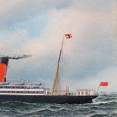 Antonio Jacobsen Oil on Canvas “Portrait of the Steam-Sailer Bernudian Flying Colors America Bound” 1905
