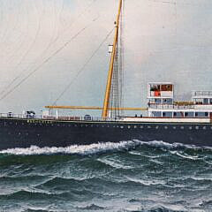 Antonio Jacobsen Oil on Canvas “Portrait of the Steam-Sailer Bernudian Flying Colors America Bound” 1905