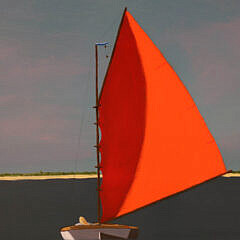 Robert Stark Jr. (1933-2014) Large Oil on Linen “Nantucket Red Sailboat Shimmo”, circa 1988