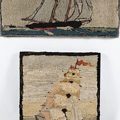 Two Antique Clipper Ship Hooked Rugs Mounted on Boards