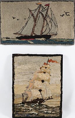 Two Antique Clipper Ship Hooked Rugs Mounted on Boards