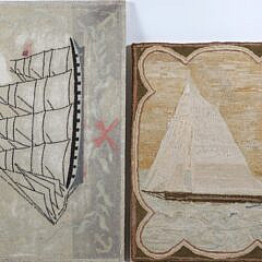 Two Antique Clipper Ship Hooked Rugs Mounted on Boards