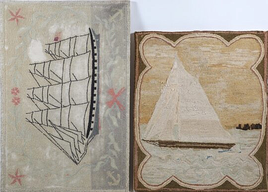 Two Antique Clipper Ship Hooked Rugs Mounted on Boards