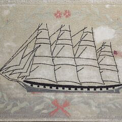 Two Antique Clipper Ship Hooked Rugs Mounted on Boards