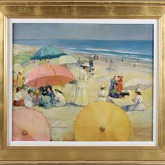 Decorative Beach Scene Oil on Board 20th Century