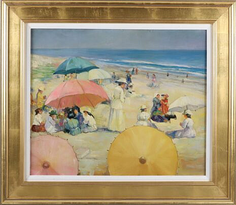 Decorative Beach Scene Oil on Board 20th Century