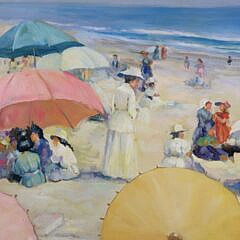Decorative Beach Scene Oil on Board 20th Century