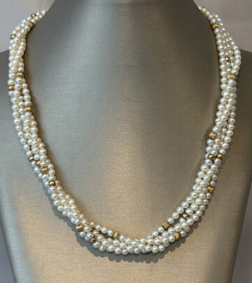 Four-Strand White Seed Pearl and 14k Gold Necklace,