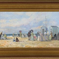 After Eugene Boudin Oil on Board "Beach Scene with Figures Conversing Bathing Cabins