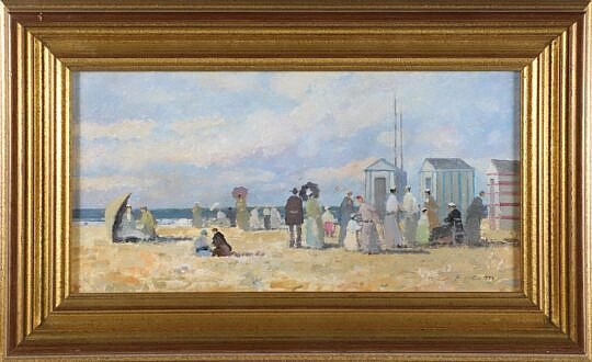 After Eugene Boudin Oil on Board "Beach Scene with Figures Conversing Bathing Cabins